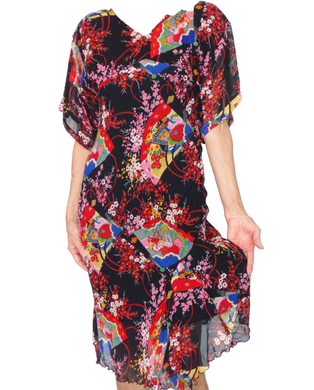 Y2K Papillon Black Floral Fan Print Floaty Summer Party Dress M Midi Hankie Hem